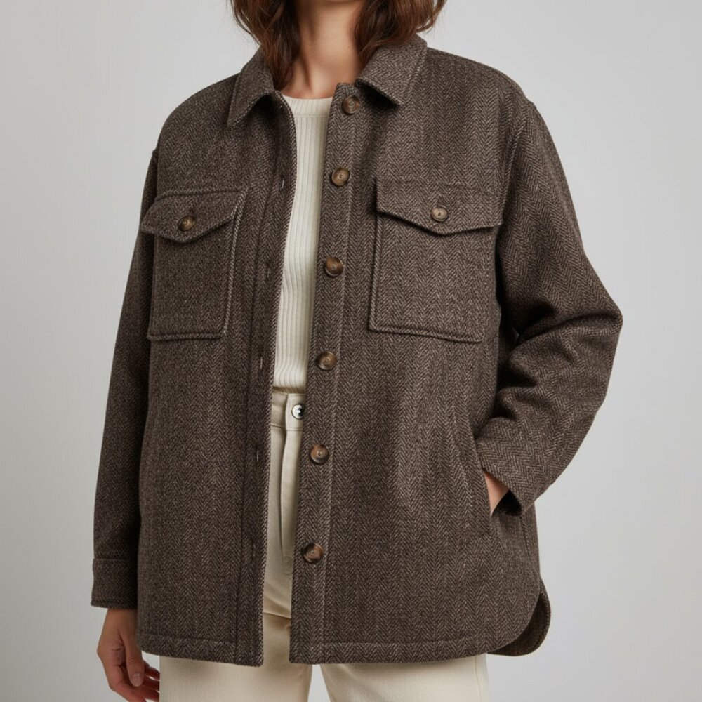 Women's Tweed Style Brown Shacket Herringbone Pattern Side Pockets Horn Buttons